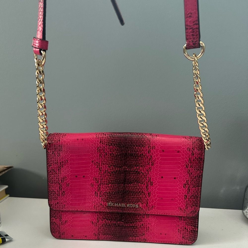 MICHAEL Michael Kors Large Gusset Snakeskin Crossbody Ultra Pink